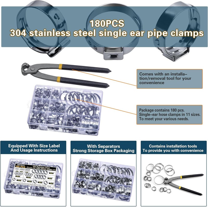 AskWay Single Ear Hose Clamp 6-36Mm 180 Pcs 11 Sizes, 304 Stainless Steel Stepless Hose Clamp, Suitable For Pex Pipe Connection, Automotive, Pipeline, Garden And Industrial Use - Image 2